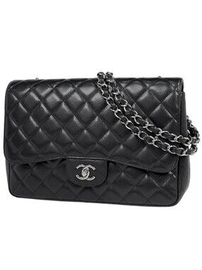 Chanel Big Quilted Shoulder Bag CC Logo Single Flap Chain Caviar Leather Black
